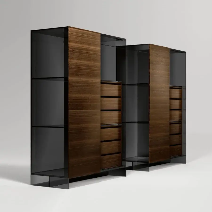 Elegant Tonelli Design Shoji cupboard with smoked glass and Siberian Ash wood, presenting a dark wood finish