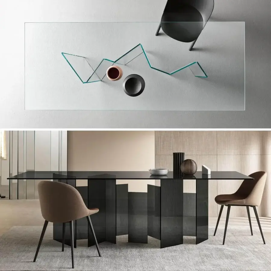 Exceptional Tonelli Design Metropolis table with geometric elements and extra-clear glass built with vertical panels and light brown textile chairs