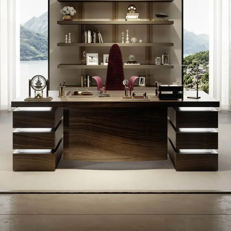 Exceptional Luce desk with Canaletto Walnut structure and drawers, internally lit with extra-clear etched glass dividers