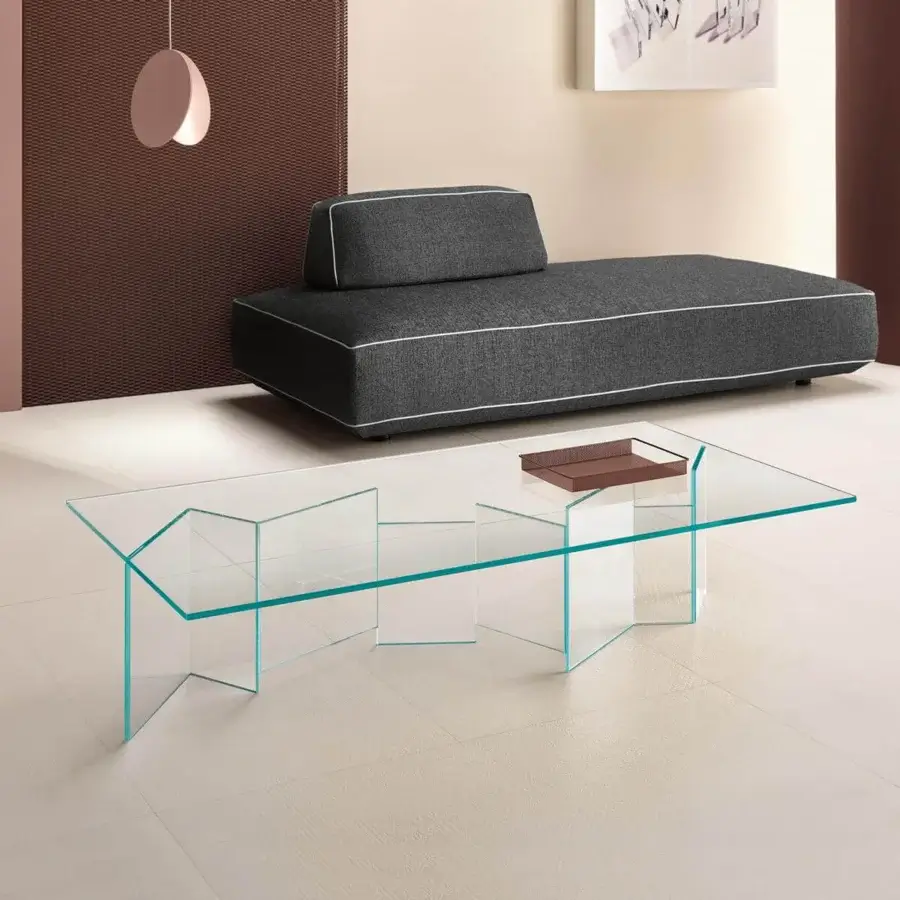 Captivating Tonelli Design Metropolis coffee table with interconnected extra-clear glass panels and subtle turquoise edges