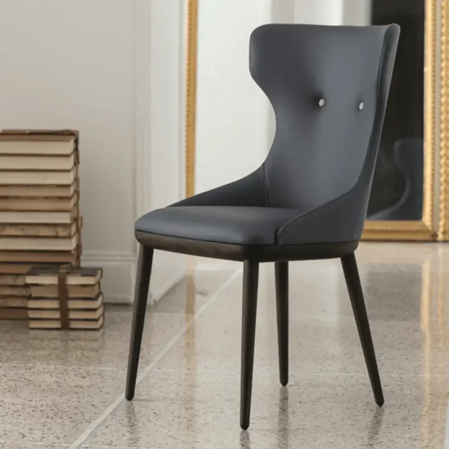 Distinguished Porada Andy chair with Canaletta Walnut frame and smooth gray upholstery built with button detailing