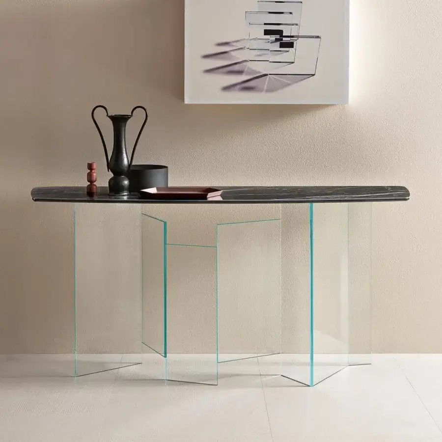 Distinguished Tonelli Design Metropolis console with welded extra-clear glass slabs and sleek dark ceramic surface