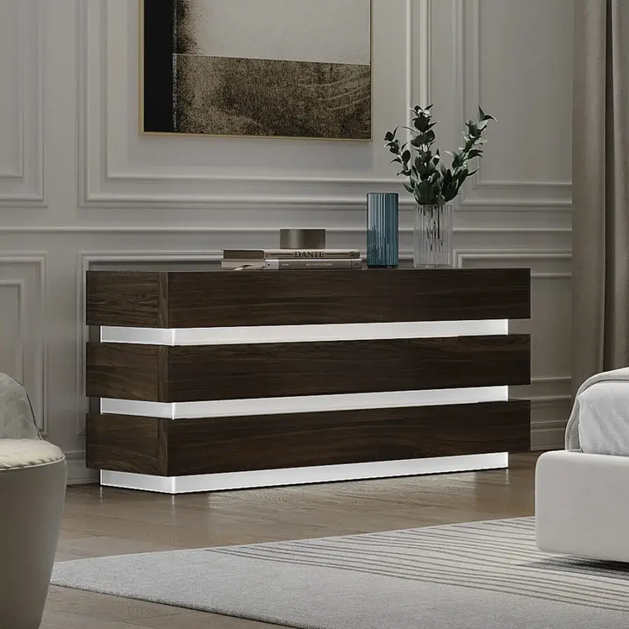 Distinguished Reflex Luce dresser in dark brown wood with extra-clear etched tempered glass and sleek white accents
