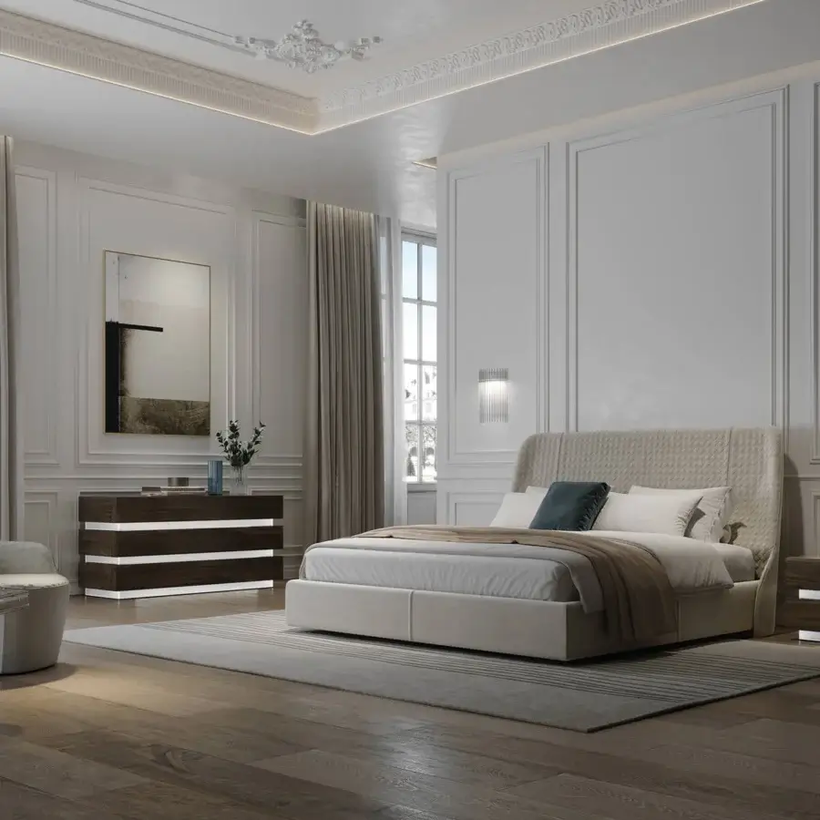Sophisticated Reflex Luce dresser in dark brown wood with extra-clear etched tempered glass and internal LED lighting