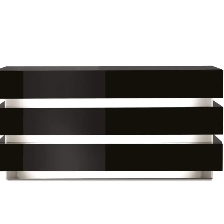 Distinguished Reflex Luce dresser with stacked drawers, extra-clear etched glass, and glossy black lacquered finish
