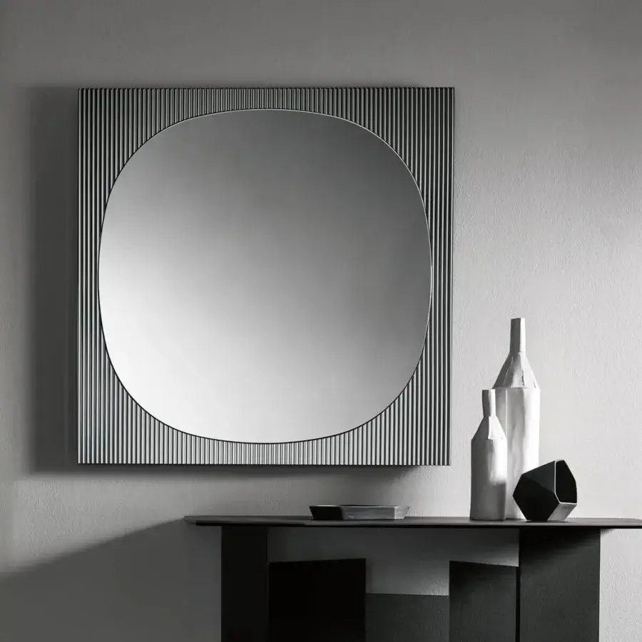 Exclusive Tonelli Design Bands mirror with alternating black and standard mirror vertical lines in a sleek frame