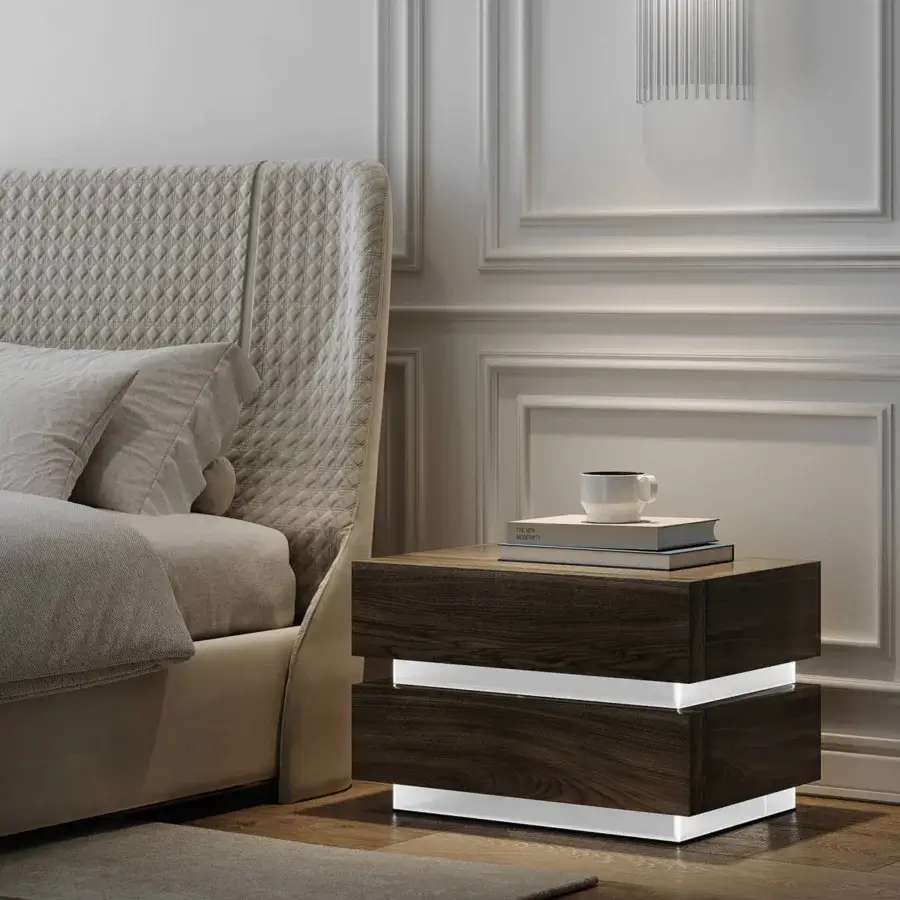 Superior Reflex Luce nightstand crafted from Canaletto walnut with visible wood grain and illuminated horizontal LED light strips