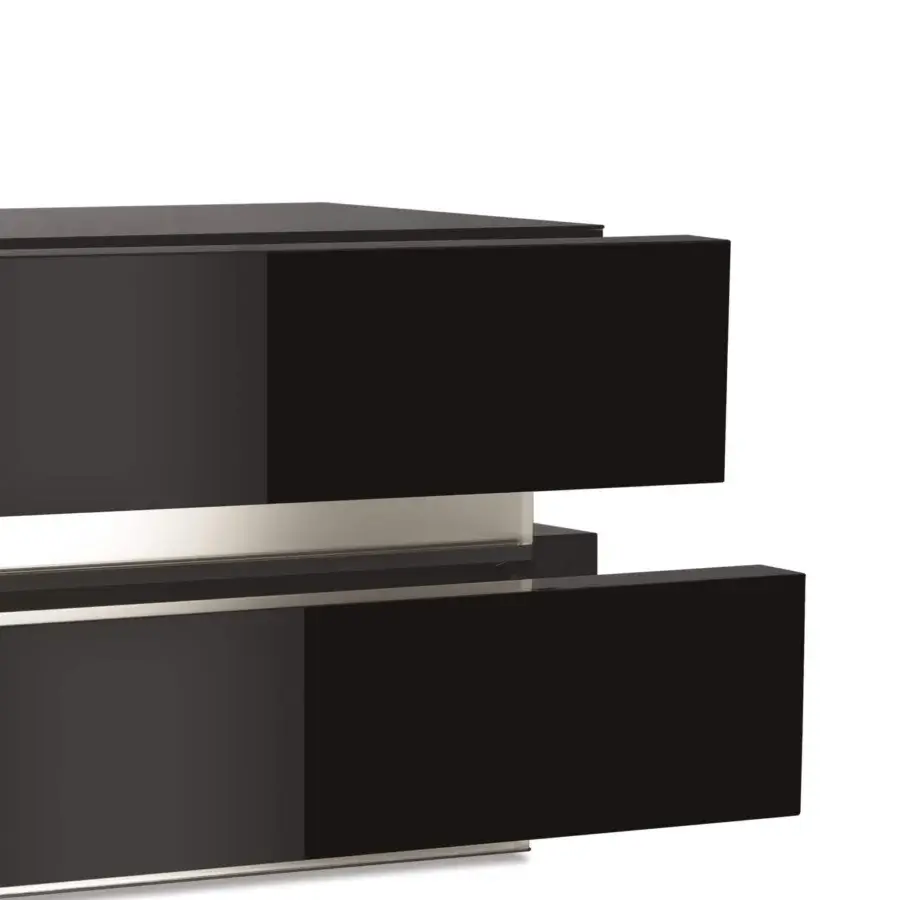 Distinguished Reflex Luce nightstand with wooden drawers, extra-clear etched glass and internal LED lighting in a sleek black lacquered finish