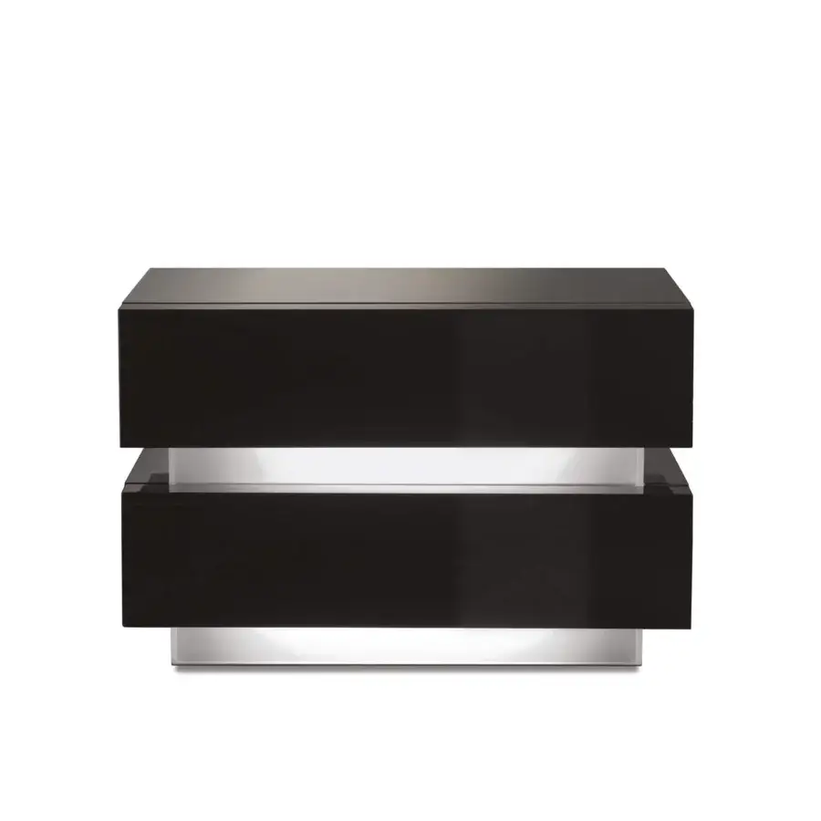 Exceptional Reflex Luce nightstand with glossy black lacquered wooden drawers and silver support built with etched glass illumination