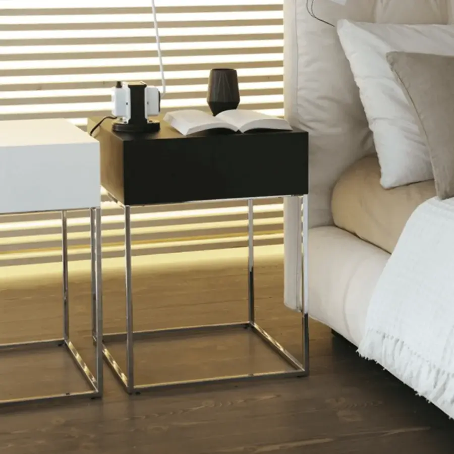Distinguished Porada Baby side table with a canaletto walnut top and chrome plated metal base in a matte black finish