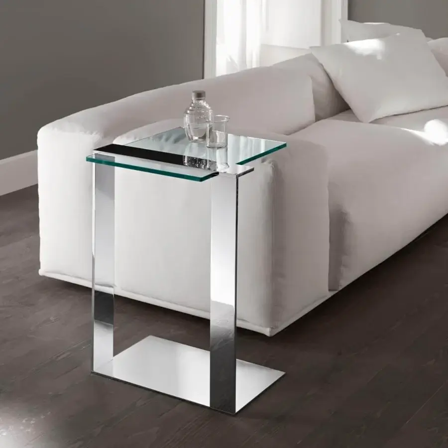 Elegant Tonelli Design Joliet side table with geometric silhouette and transparent glass top in chrome finish