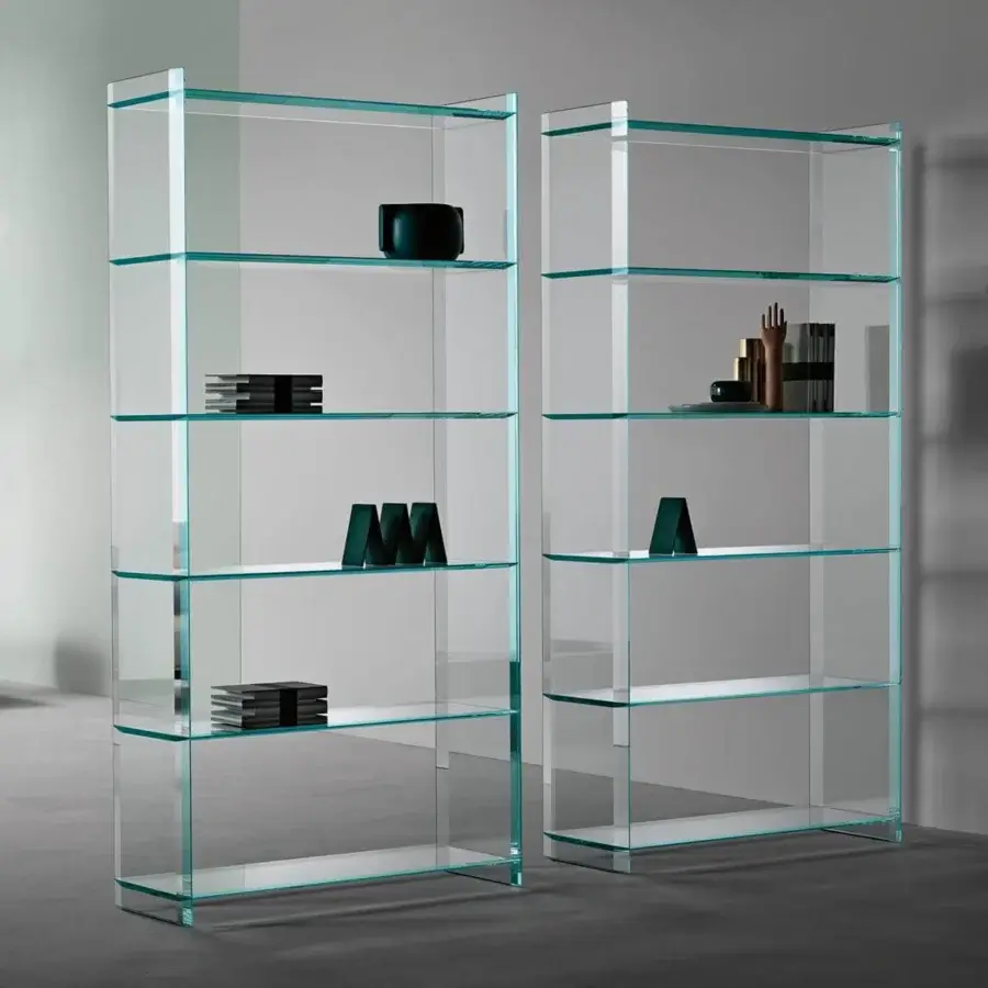 Distinguished Tonelli Design Quiller bookcase crafted in extra clear glass with subtle green toned edges and seamless construction