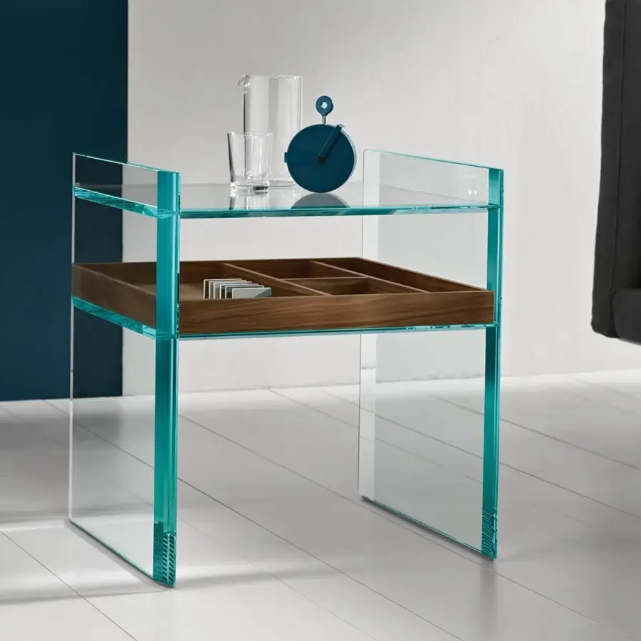 Distinguished Tonelli Design Quiller nightstand built in extra clear glass with a Canaletto walnut tray and stylish bevelings