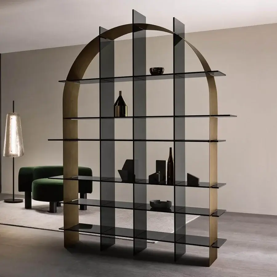 Elegant Tonelli Design Paradigma bookcase with smoked glass shelves and brushed black metal grid frame