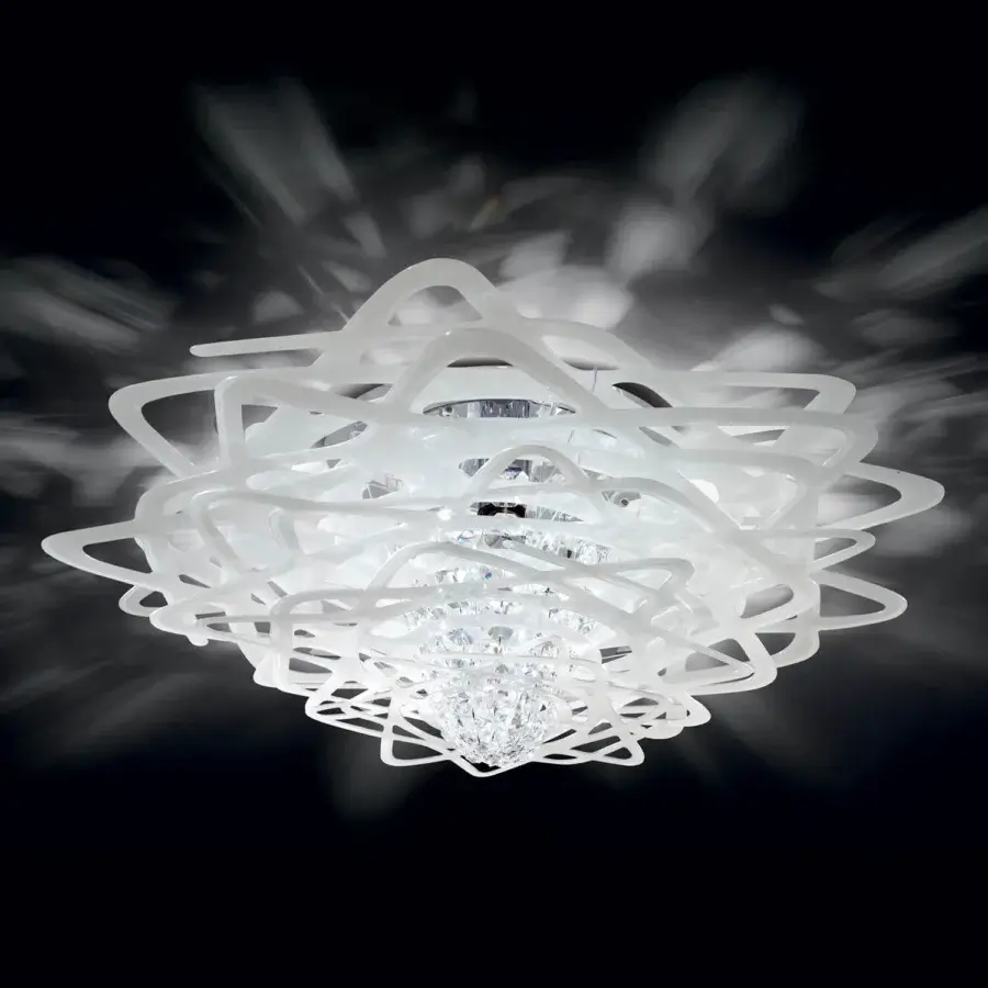 Superior Slamp Aurora ceiling lamp with a complex organic silhouette in white and clear crystals, glossy finish