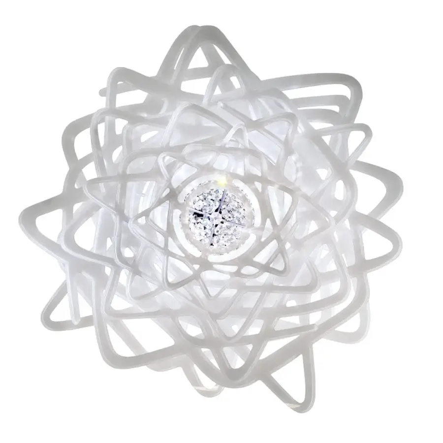 Distinguished Slamp Aurora ceiling lamp with a rose gold heart of reflective crystals and white translucent form