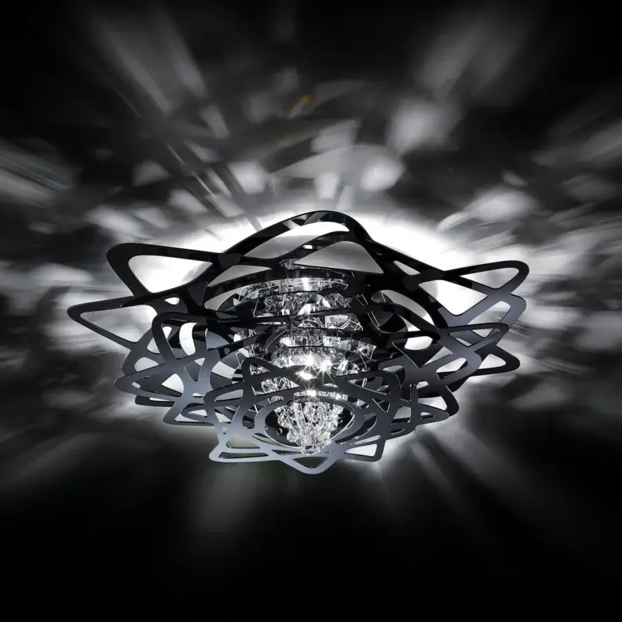 Elegant Slamp Aurora Mini ceiling lamp with a spherical framework of black metal and clear crystals