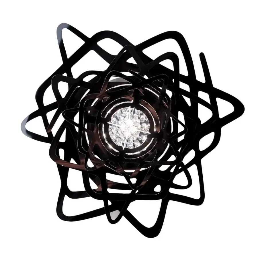 Innovative Slamp Aurora Mini ceiling lamp in glossy black with a complex arrangement of laser-cut metal and crystal-like elements