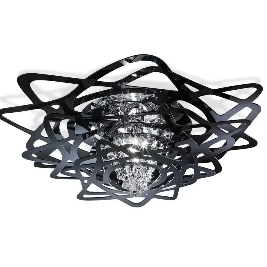 Distinguished Slamp Aurora Mini ceiling lamp in black with clear crystal elements and a glossy metal latticework