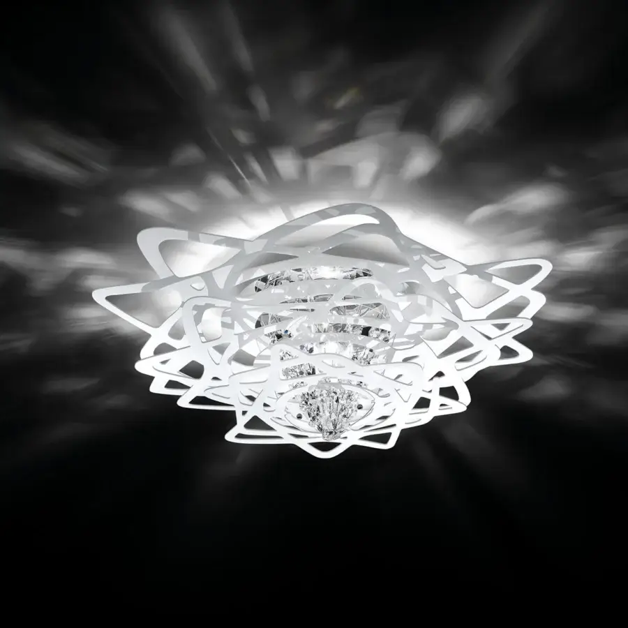Elegant Slamp Aurora Mini ceiling lamp crafted in Italy with interwoven strips and glossy white finish, showcasing crystals