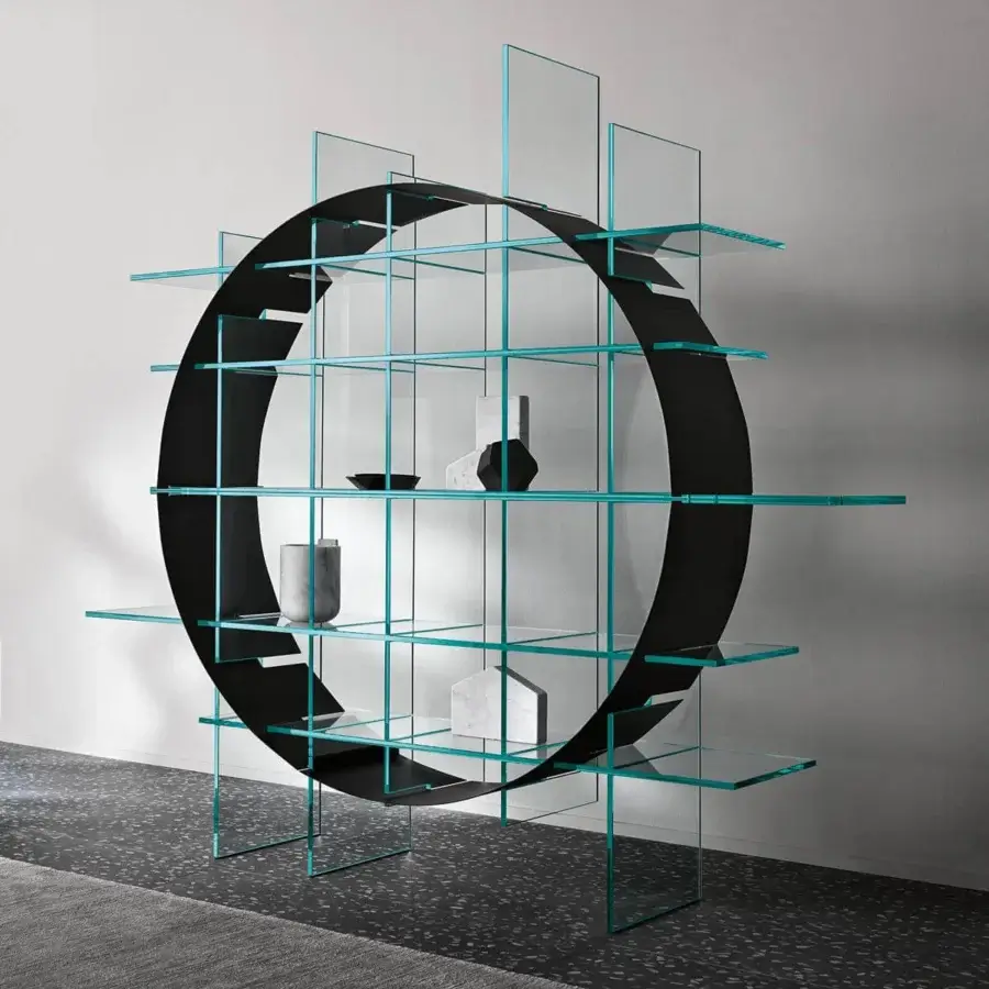 Exceptional Tonelli Design Paradigma bookcase crafted with extra clear glass and brushed black metal sheet