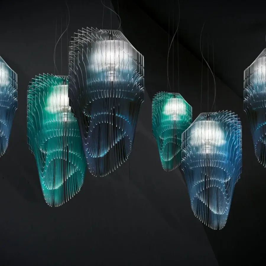 Avant-garde Slamp Avia suspension lamp transforms light with Cristalflex® layers and fifty shaded black fins creating a luminous architectural form