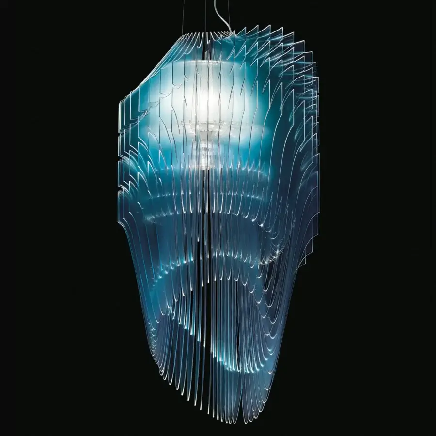 Distinguished Slamp Avia suspension lamp transforms light with fifty black Cristalflex® layers and light blue gradient tones