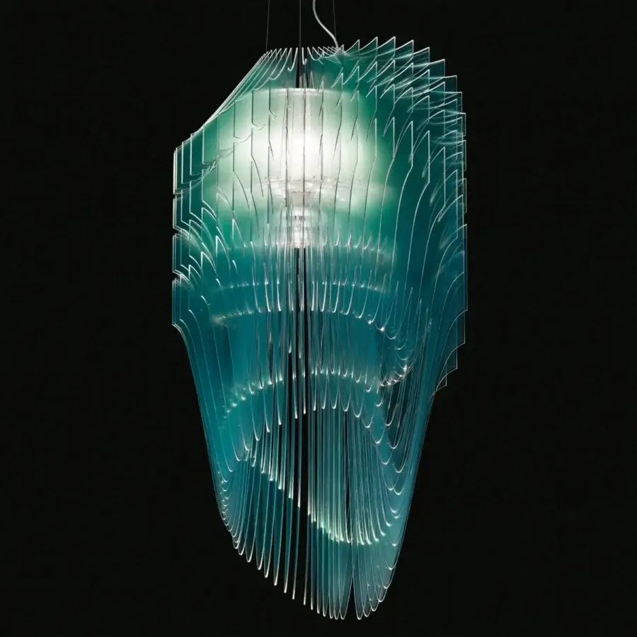 Avant-garde Slamp Avia suspension lamp transforms light with fifty diverse black Cristalflex® layers and light blue hue