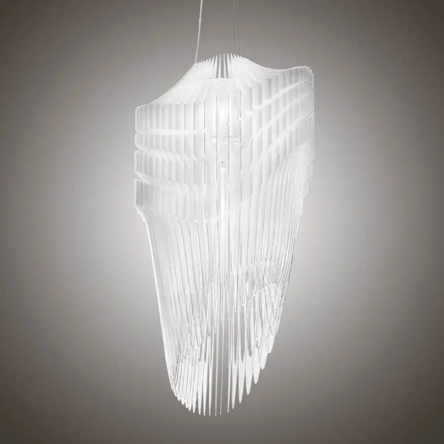 Distinguished Slamp Avia suspension lamp transforms light with fifty black Cristalflex® layers exhibiting a translucent white finish