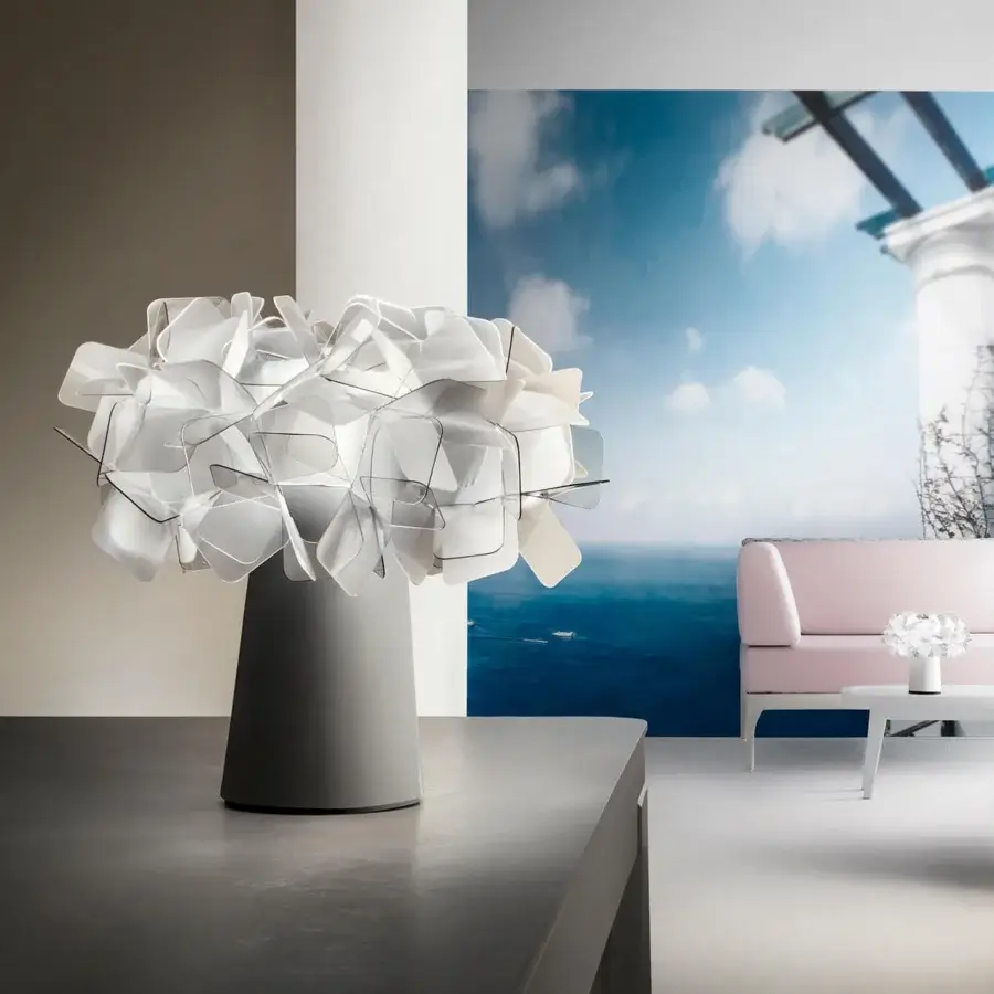 Superior Slamp Clizia Battery Table Lamp lighting built in translucent white geometric forms with a matte gray conical base