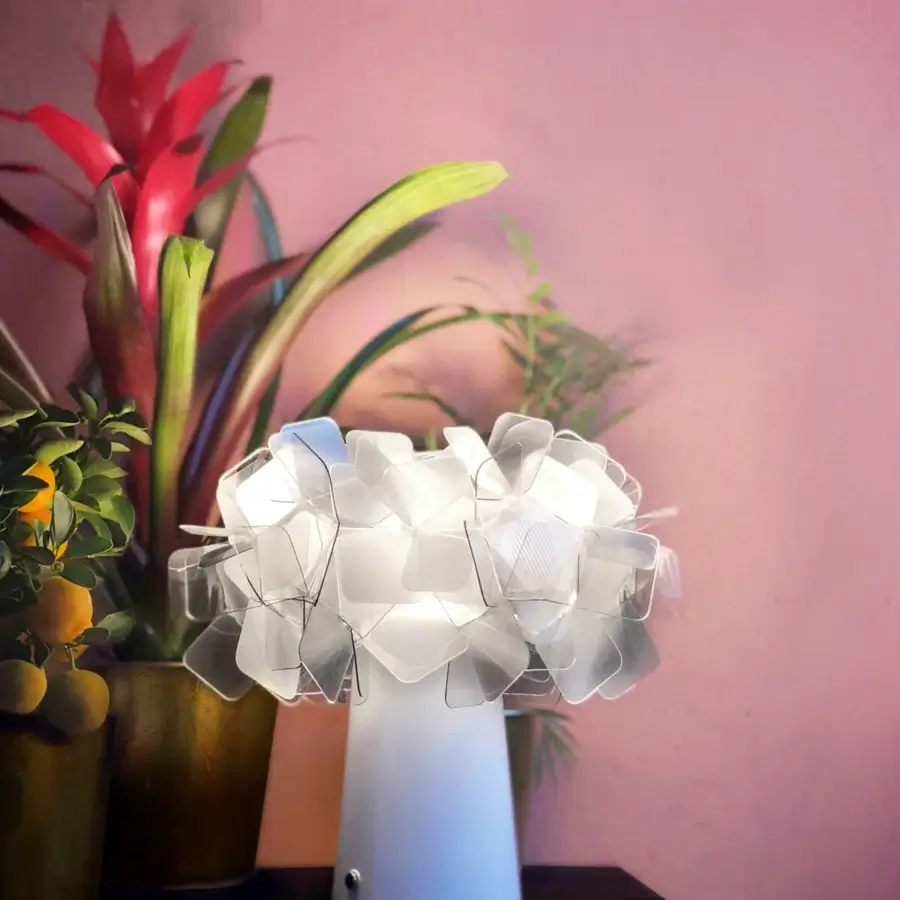 Elegant Slamp Clizia Battery Table Lamp lighting built in translucent white with a floral geometric shade and cylindrical base