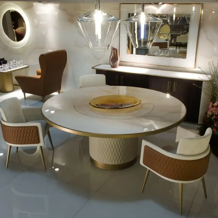 Distinguished Reflex Signore degli Anelli table with glossy white Marmoreflex top and quilted cream leather cylinder base