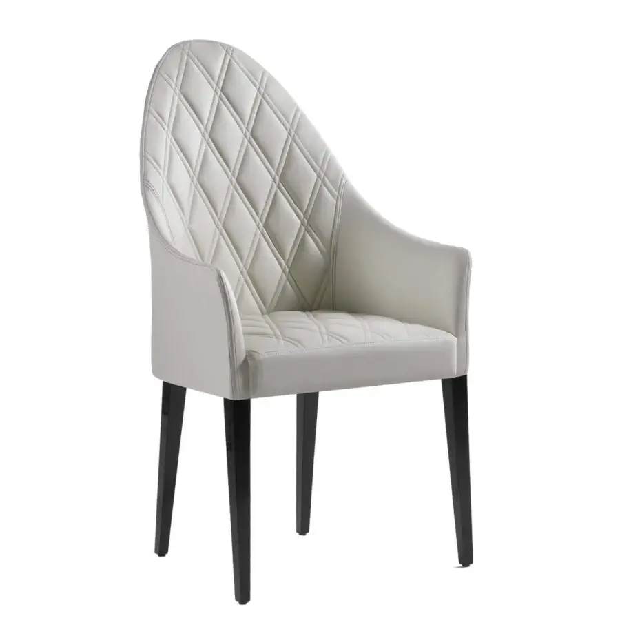Superior Reflex Peggy armchair with smooth white leatherette upholstery and diamond quilting built with matt nero beluga lacquered wood legs
