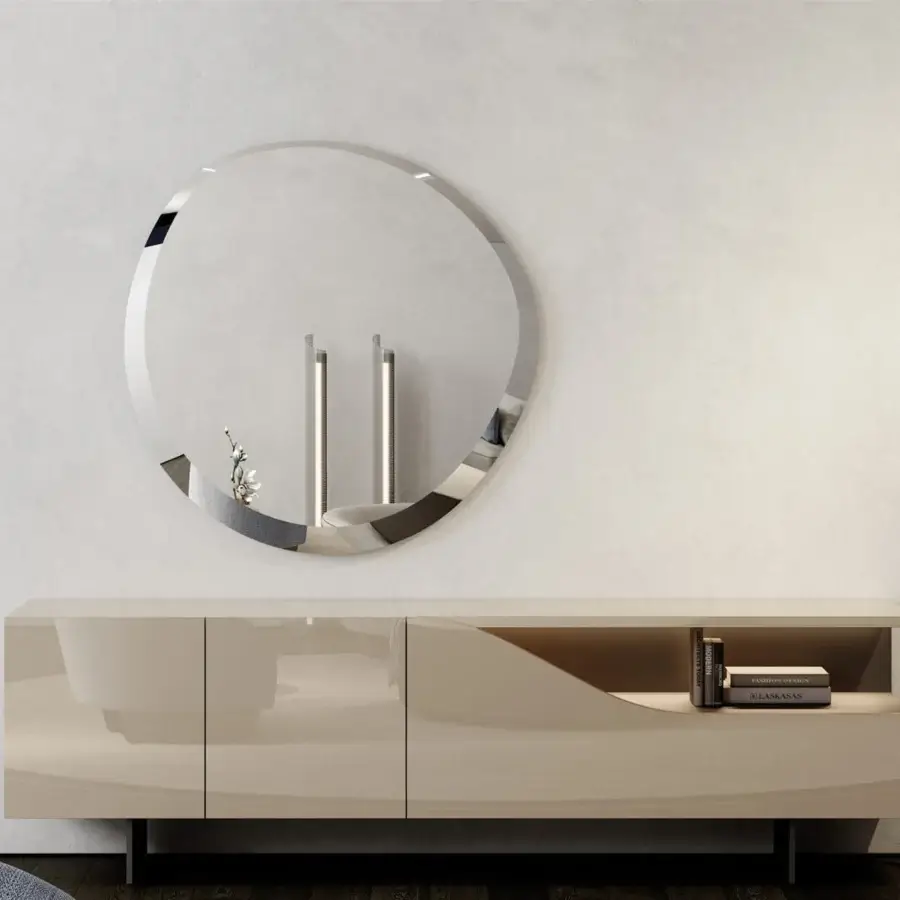 Exceptional Reflex Seventy mirror crafted from extra-clear glass with a silver-toned frame and beveled edge