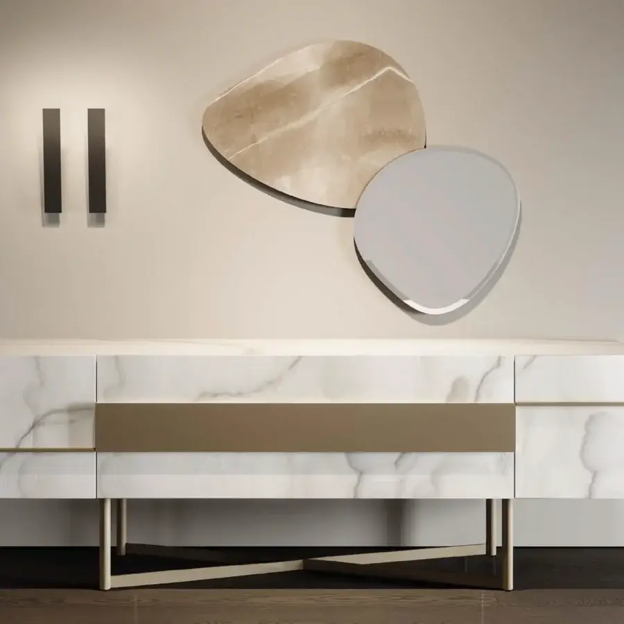 Innovative Reflex Seventy mirror crafted from extra-clear glass with a gray tone and beveled edge