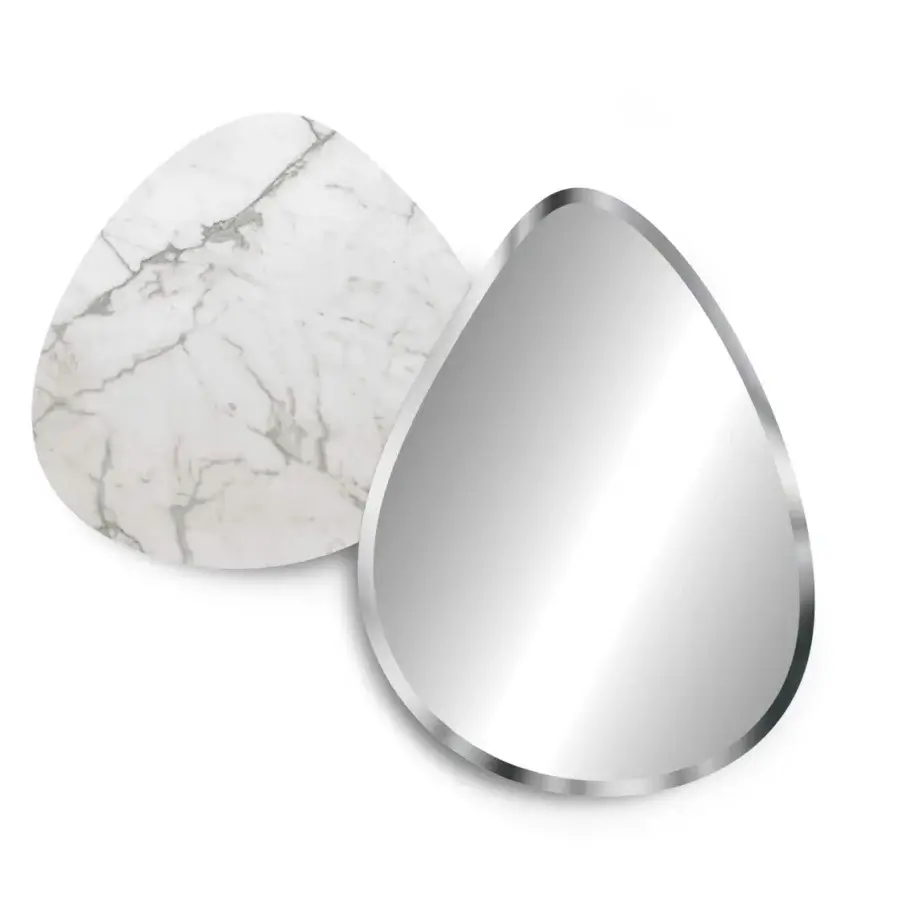 Innovative Reflex Seventy mirror with irregularly shaped extra-clear glass and white Marmoreflex panel exhibiting grey veining