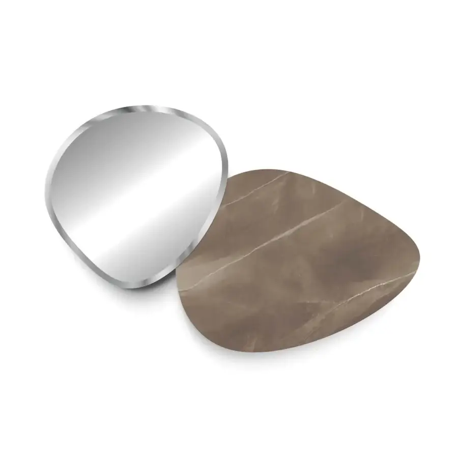 Distinguished Reflex Seventy mirror with organically shaped extra-clear glass and mottled brown-gray Marmoreflex paneling with polished finish