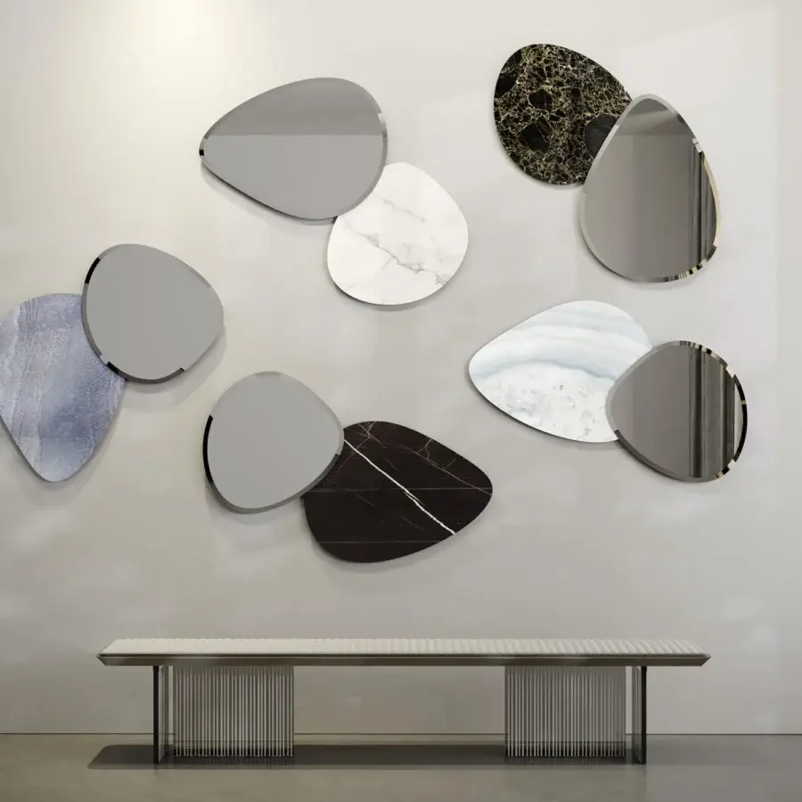 Superior Reflex Seventy mirror with pebble-shaped extra-clear glass and cool light gray Legnoreflex paneling