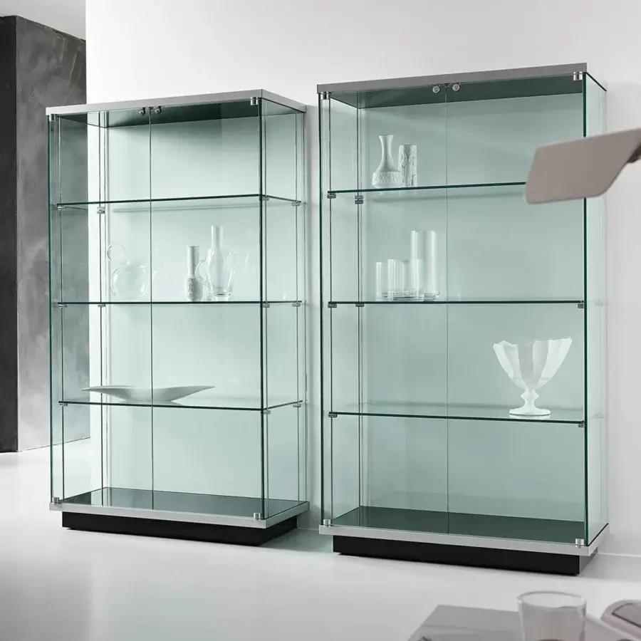 Elegant Tonelli Design Broadway showcase crafted in transparent tempered glass with black lacquered wood and matte silver frame