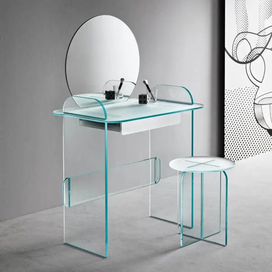 Elegant Tonelli Design Opalina vanity crafted in extra clear glass with a clear frosted top and white wood drawer