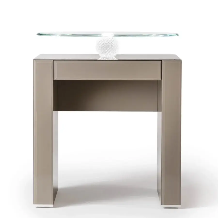 Superior Reflex Rialto nightstand crafted with taupe wood, extra-clear glass, and illuminated lacquered glass details