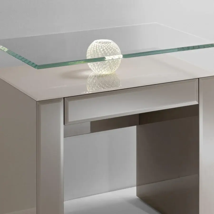 Elegant Reflex Rialto nightstand with light beige wood, bevelled lacquered glass, and transparent Murano glass with integrated illumination