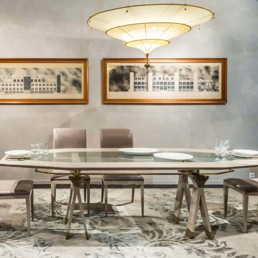 Superior OAK Kronos table with light beige wooden surface, crystal glass insert and bronzed brass or satined nickel fittings in ebony finish