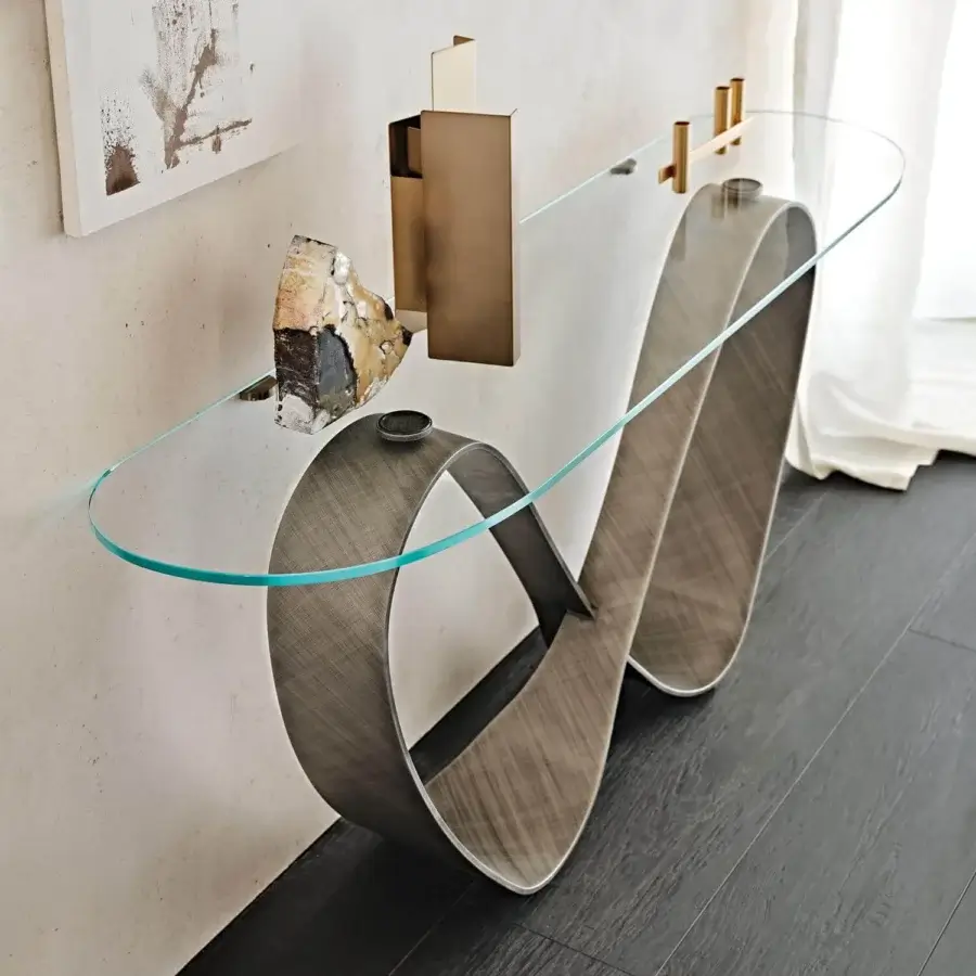 Architectural Cattelan Italia Butterfly console with clear glass top and titanium embossed lacquered steel base in medium gray finish