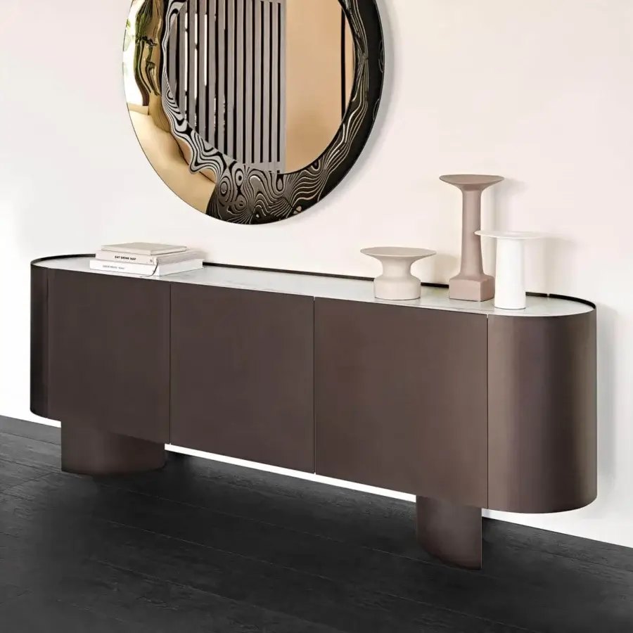 Distinguished Cattelan Italia Savoy sideboard with sinuous curves and light marmi ceramic top in graphite lacquered wood with bronze embossed lacquered steel finish