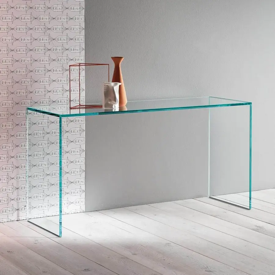Elegant Tonelli Design Gulliver console with a simple bridge-shaped structure in transparent glass and glossy finish
