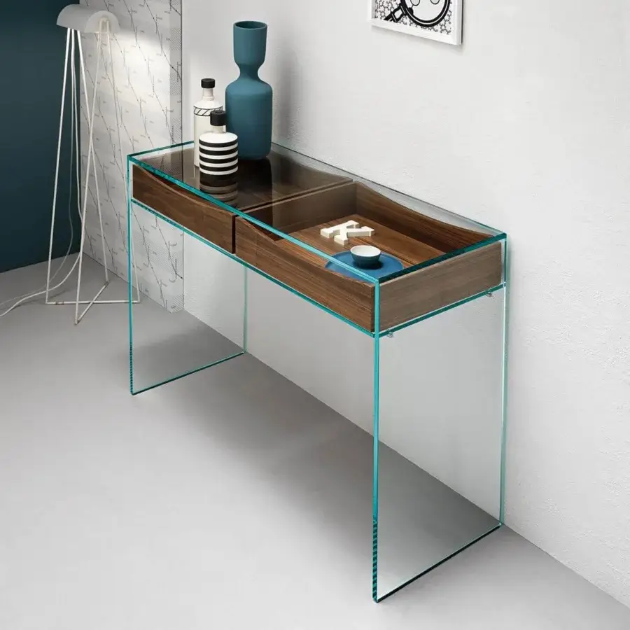 Superior Tonelli Design Gulliver console with a linear bridge structure in transparent glass and smooth medium-brown wood