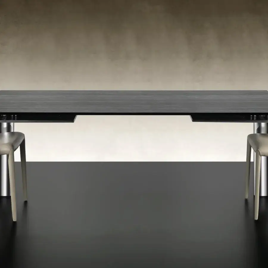 Elegant Reflex Policleto Re-edition table with rectangular Marmoreflex/Legnoreflex top and polished cylindrical metal legs