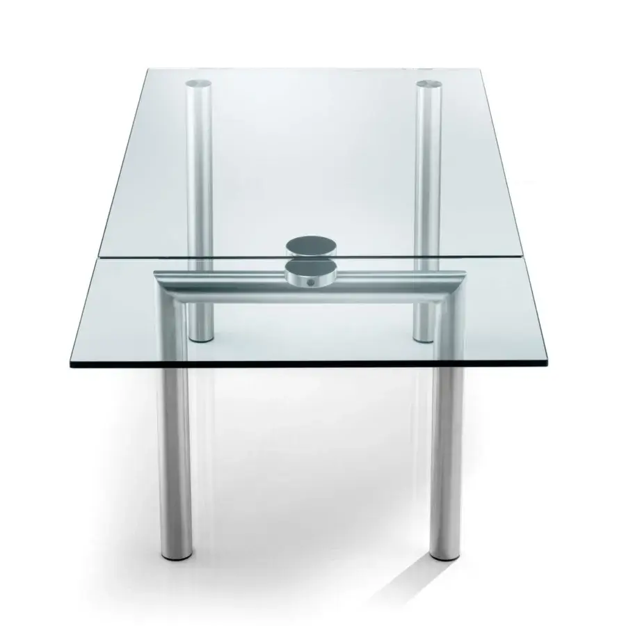 Exceptional Reflex Policleto Re-edition table with transparent tempered glass top and oval metal legs in satin finish
