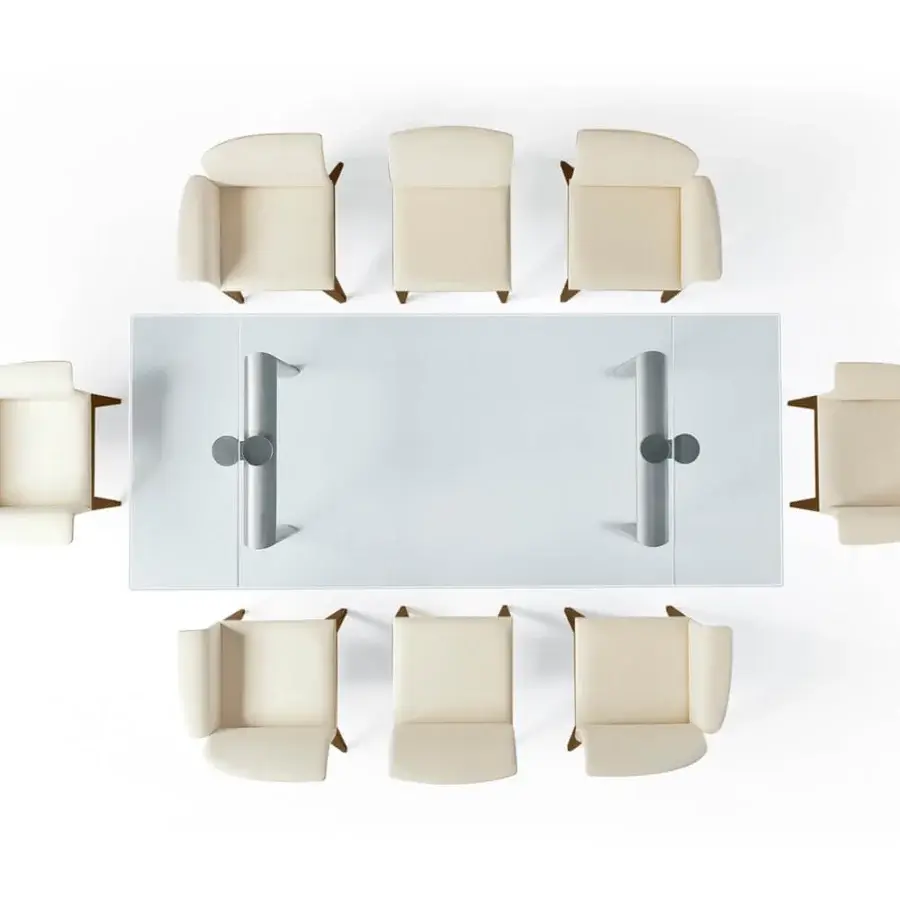 Superior Reflex Policleto Re-edition table with transparent glass top and light beige cushioned chairs in polished metal legs